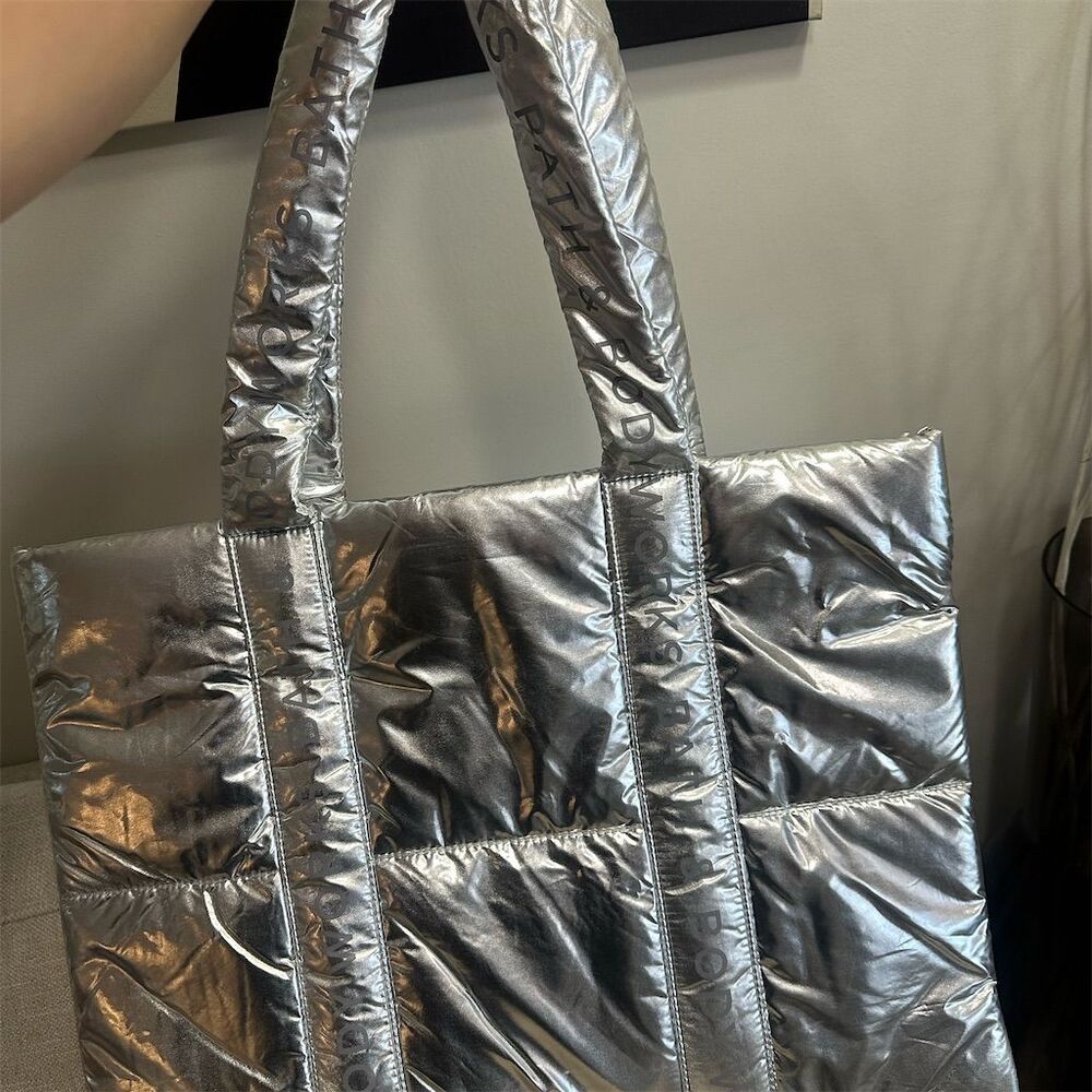 Bath & Body Works Silver Metallic Puffer Tote Bag Quilted Spacious